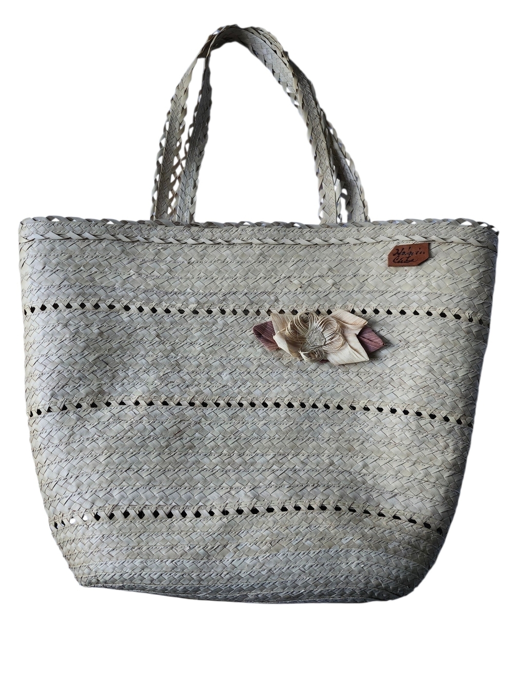 Neutral Woven Straw Tote Bag with Flower Accent